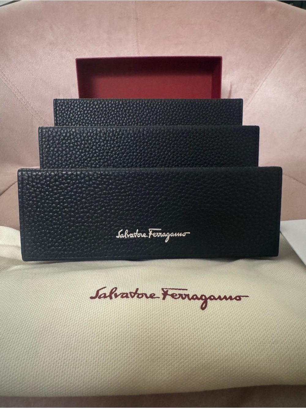 Salvatore Ferragamo Black Pebbled Leather Desk Organizer with Branded Dust Bag